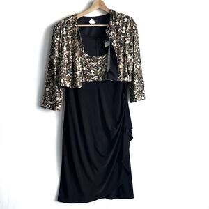 MSK gold and black dress with cropped bolero style jacket sz 14 metallic pattern